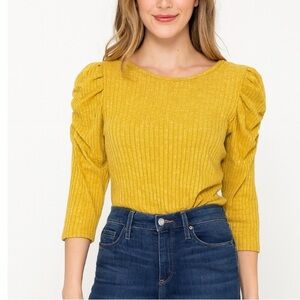 WF Top blouse Mustard yellow puff poof sleeve lightweight sweater ribbed Girls L